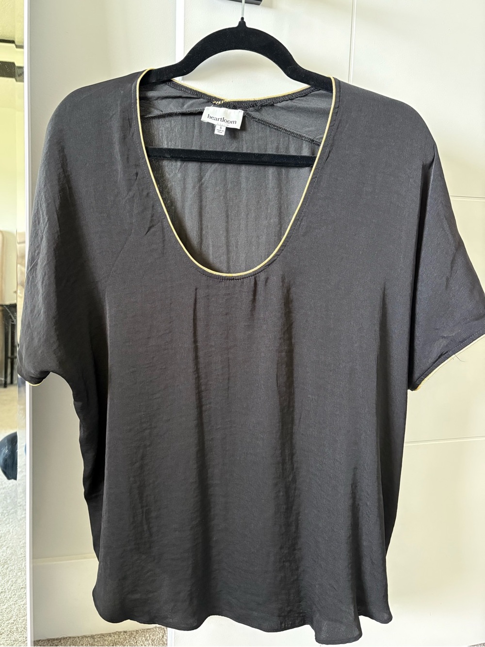 heartloom Women’s Silky Black Short Sleeve Scoop Neck Top with Gold Trim